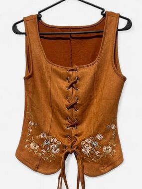 Brown Floral Embroidered Lace-Up Suede-Look Tank Vest Top M
